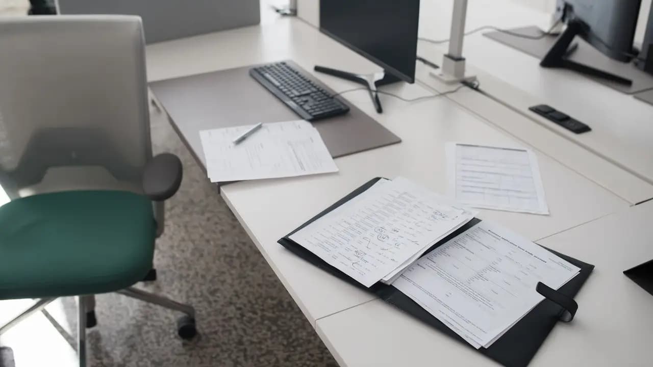 A tidy desk with documents and a computer