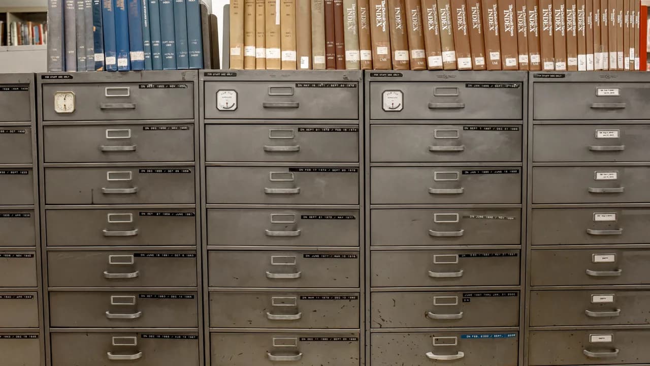 A grey steel filing cabinet