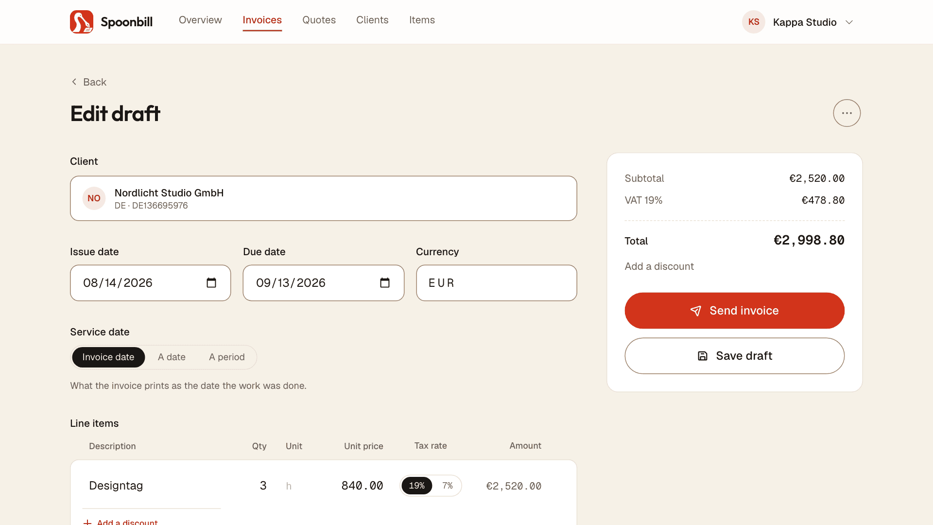 The Spoonbill invoice editor — a client, a line item, and the total worked out