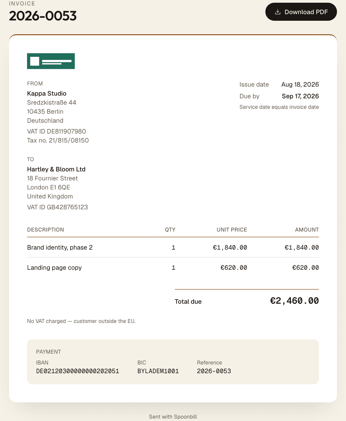 An invoice as a UK client receives it — line items in English, zero-rated export, VAT numbers and IBAN