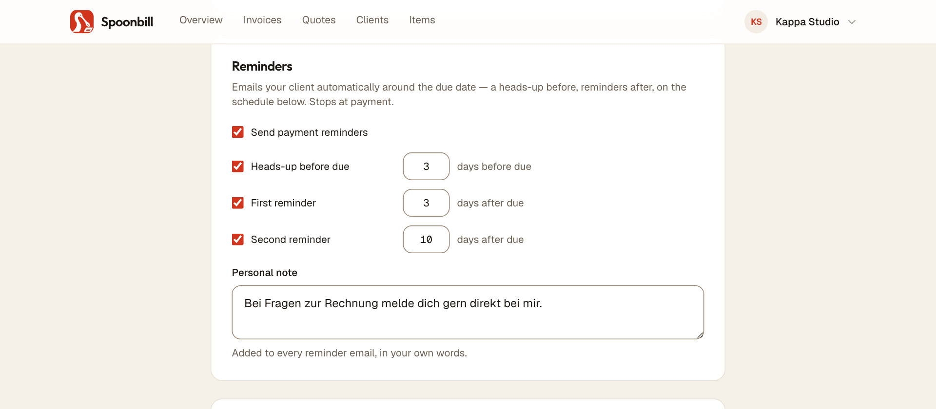 Spoonbill’s reminder schedule in Settings — a heads-up before the due date, then two escalating follow-ups
