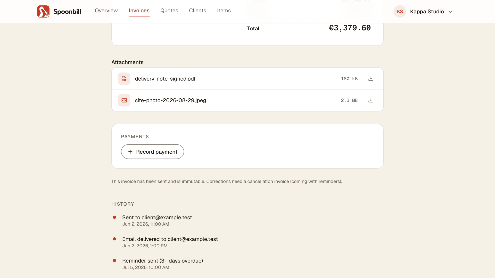 A sent invoice’s timeline, showing when it went out and when the reminders followed