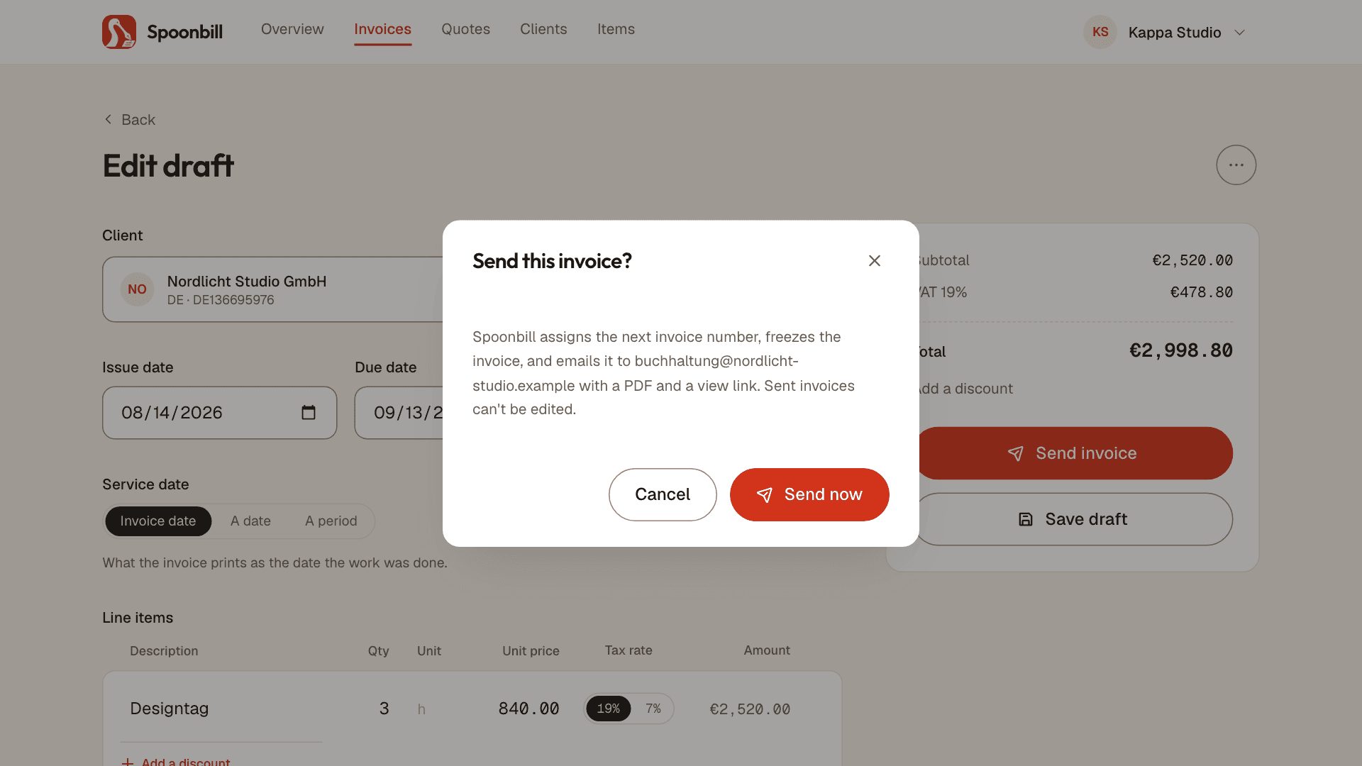 Spoonbill asking to confirm before the invoice goes to the client